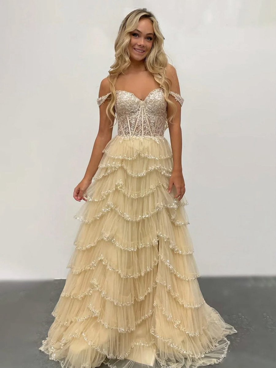 A-line Sweetheart Tulle Prom Dresses with Appliques