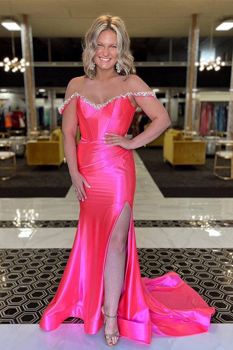 Mermaid V Neck Satin Slit Prom Dresses with Beading