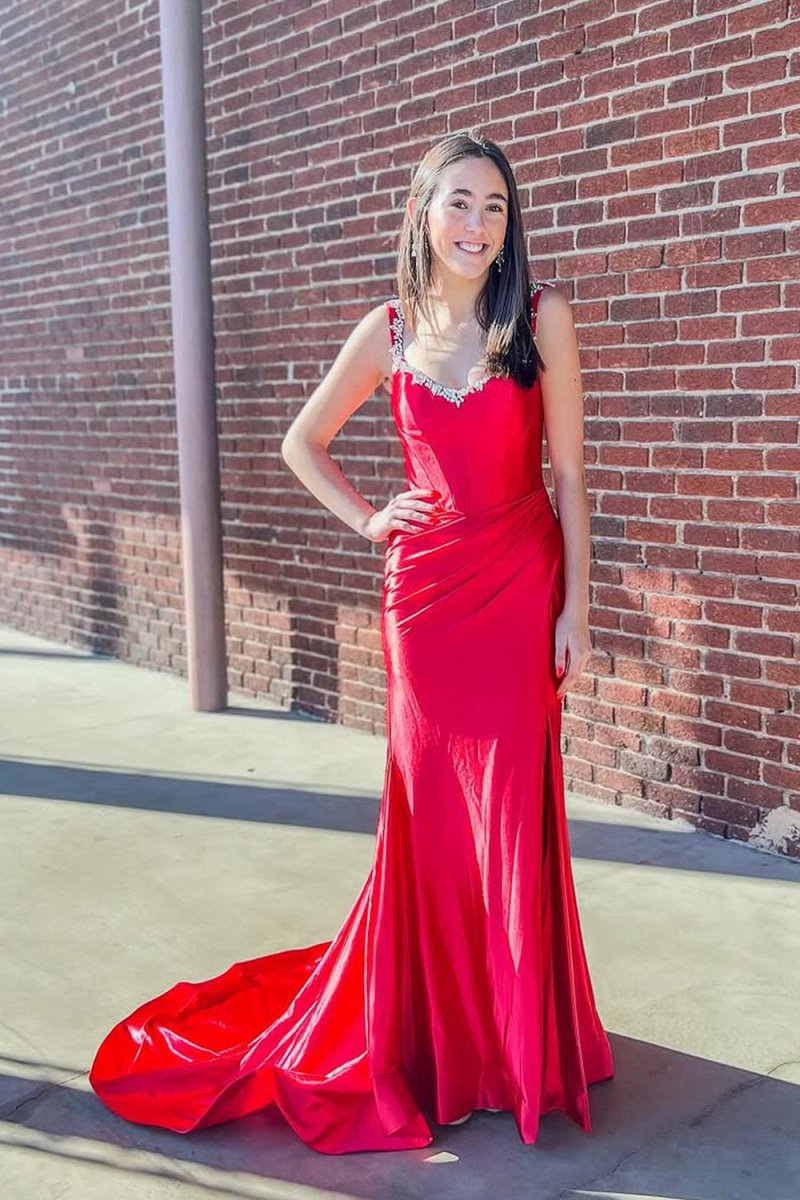 Mermaid V Neck Satin Slit Prom Dresses with Beading