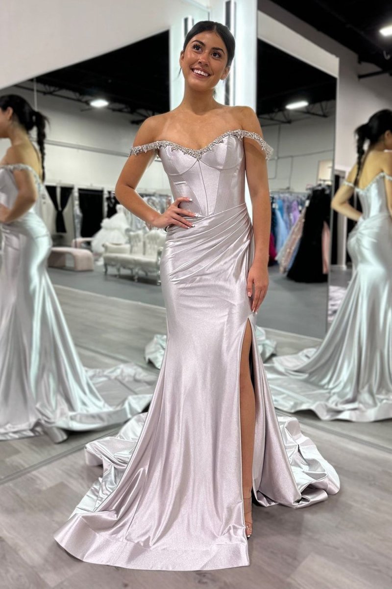 Mermaid V Neck Satin Slit Prom Dresses with Beading