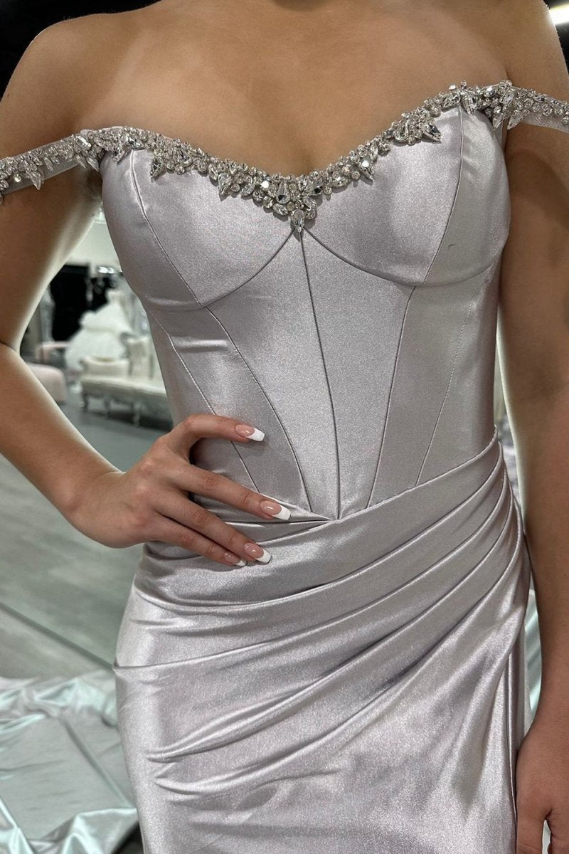Mermaid V Neck Satin Slit Prom Dresses with Beading