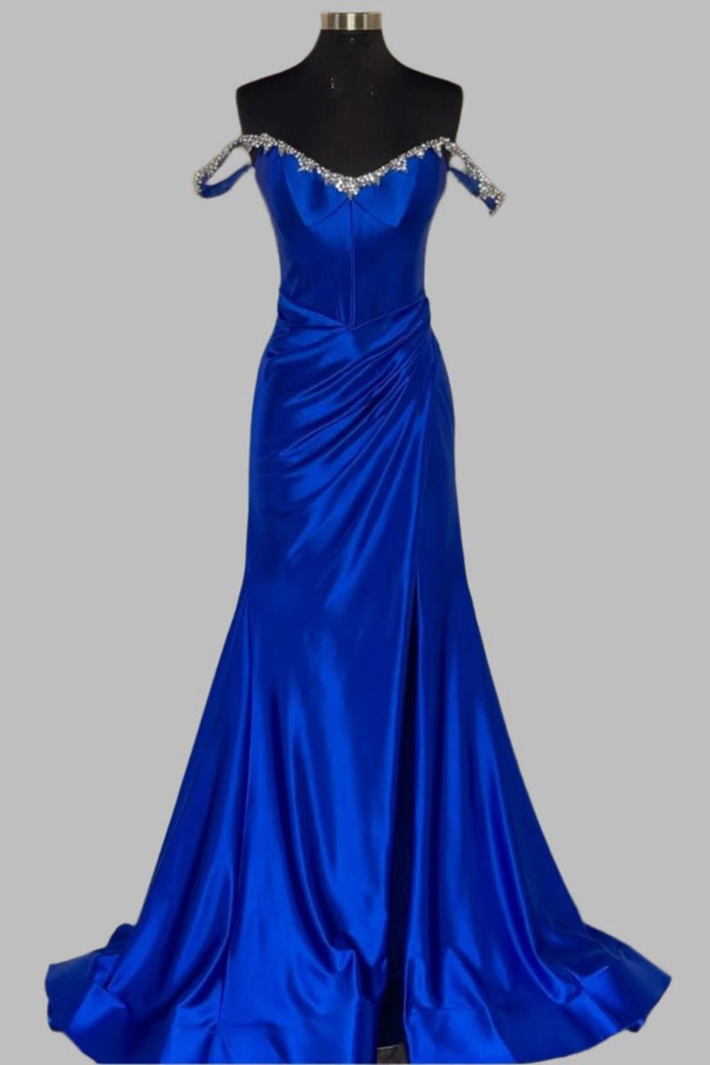 Mermaid V Neck Satin Slit Prom Dresses with Beading