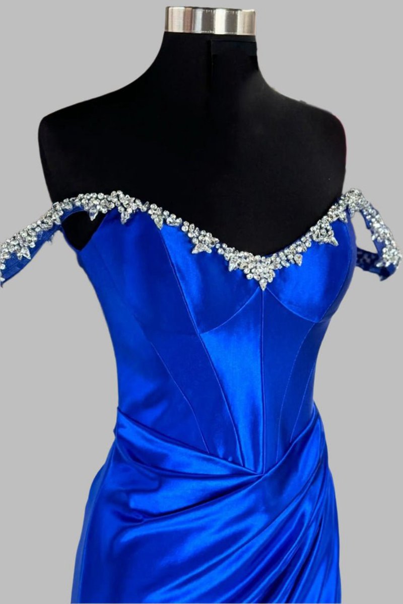 Mermaid V Neck Satin Slit Prom Dresses with Beading
