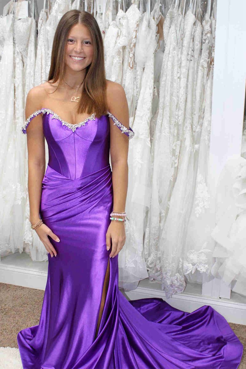 Mermaid V Neck Satin Slit Prom Dresses with Beading