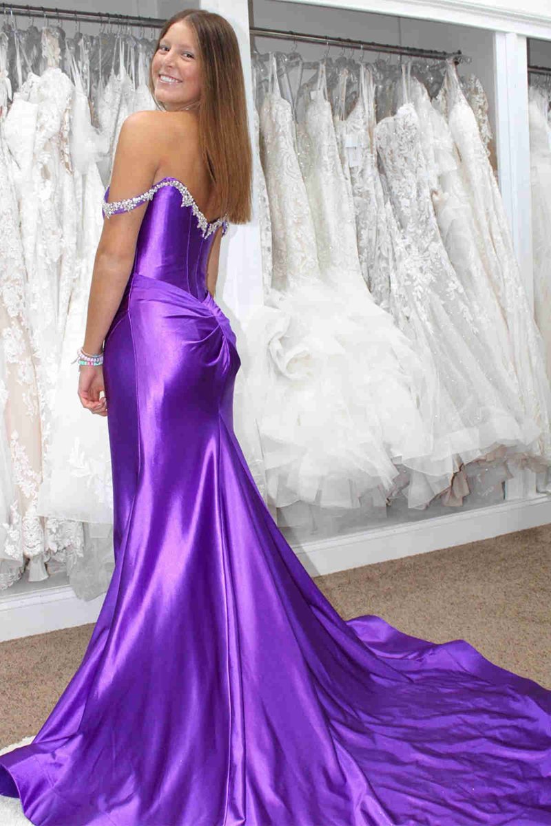 Mermaid V Neck Satin Slit Prom Dresses with Beading