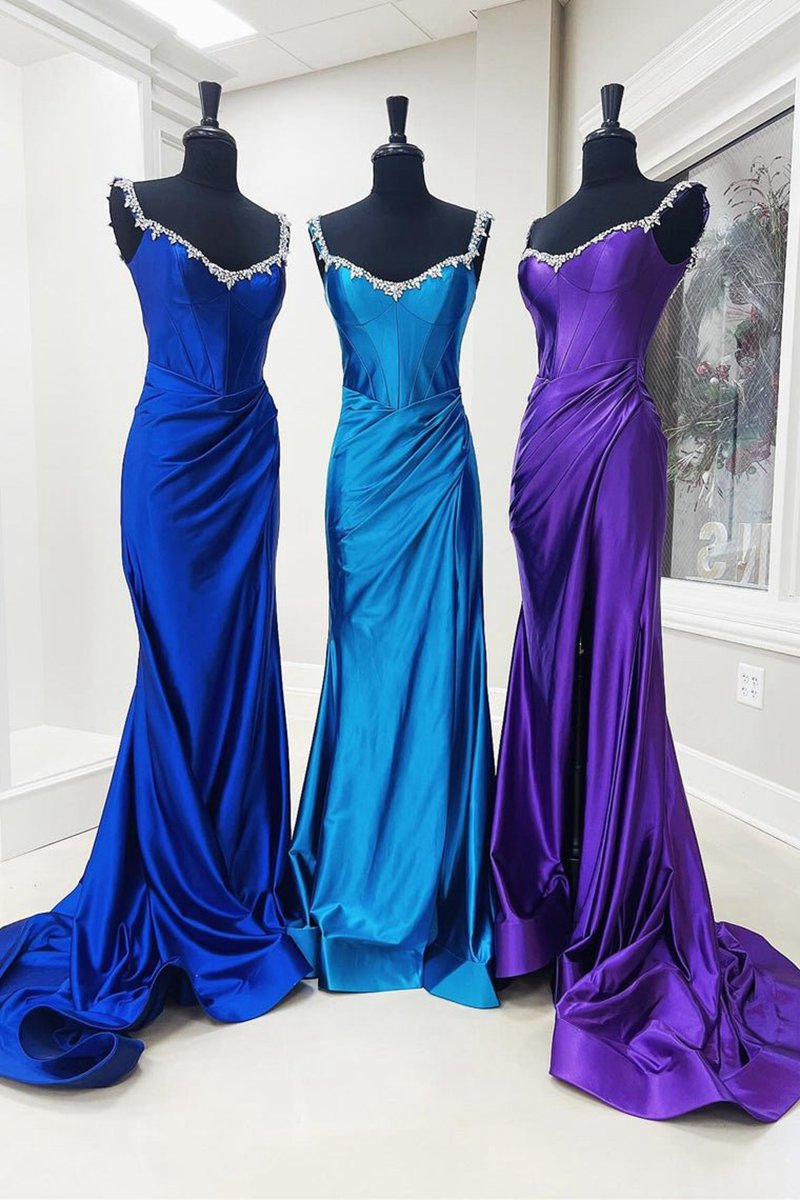 Mermaid V Neck Satin Slit Prom Dresses with Beading