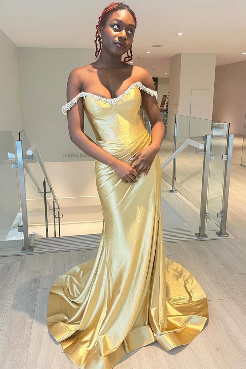 Mermaid V Neck Satin Slit Prom Dresses with Beading