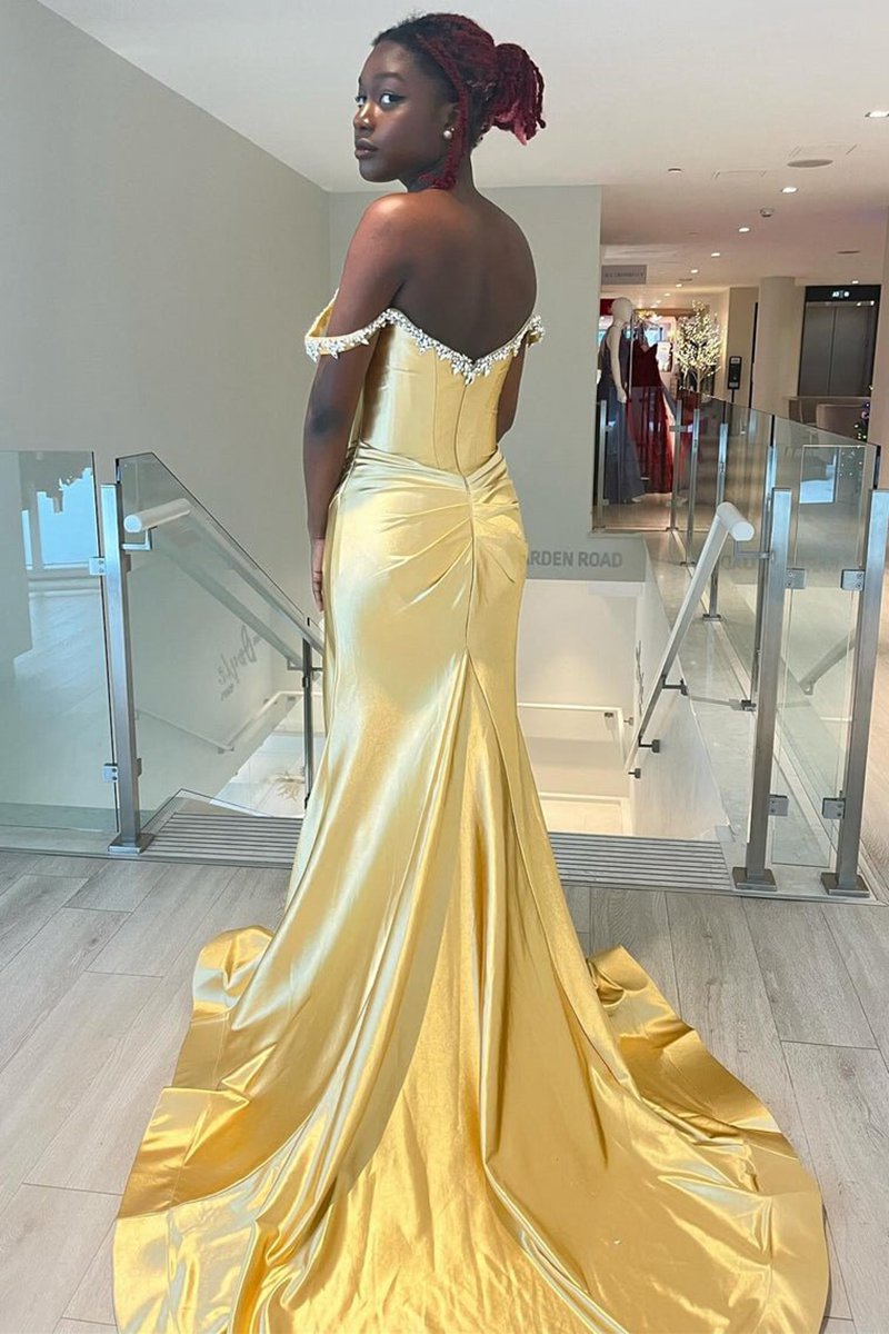 Mermaid V Neck Satin Slit Prom Dresses with Beading