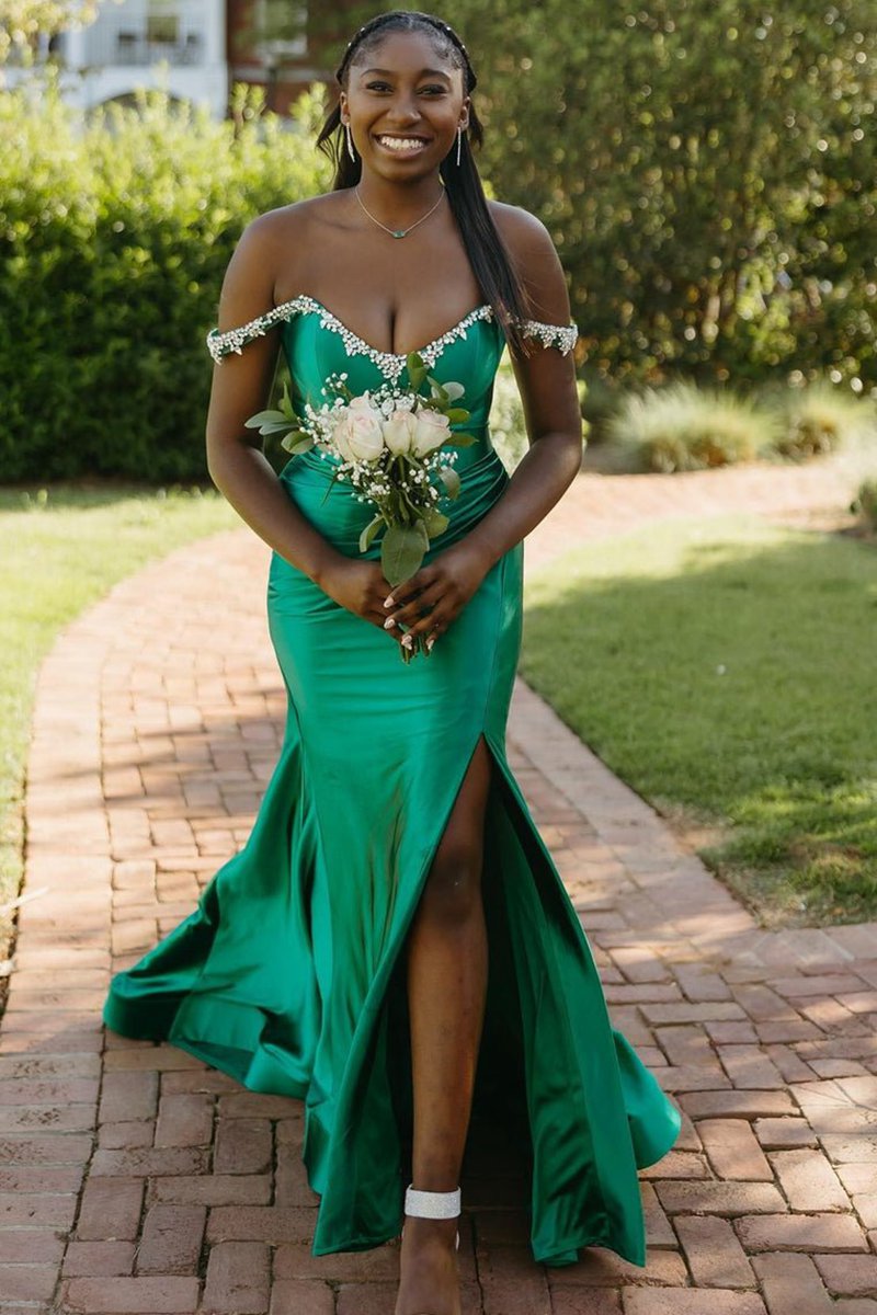 Mermaid V Neck Satin Slit Prom Dresses with Beading