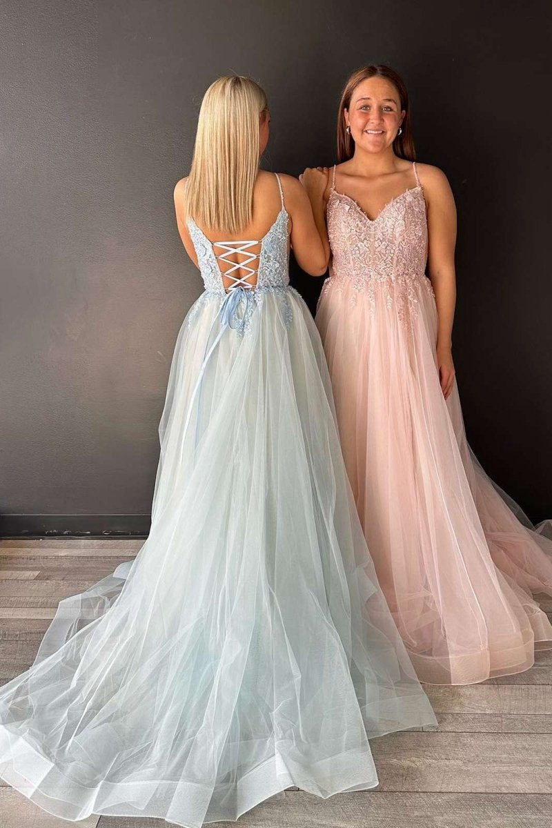 V-Neck Lace-Up Appliques Tulle A-line Prom Dresses