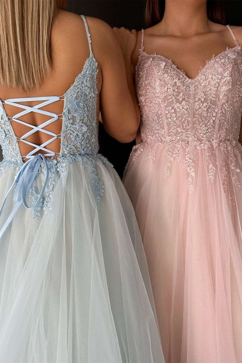 V-Neck Lace-Up Appliques Tulle A-line Prom Dresses