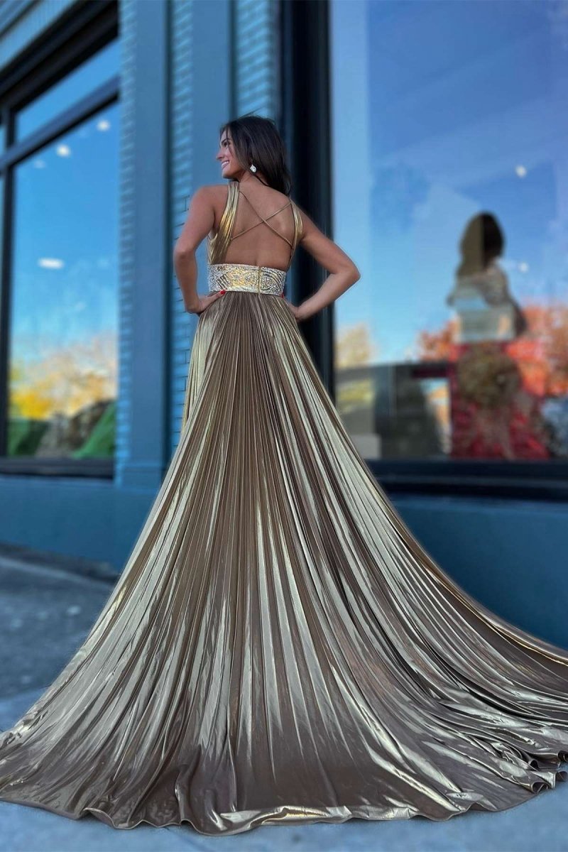 Pleated Criss Cross Straps Metallic Long Prom Dresses