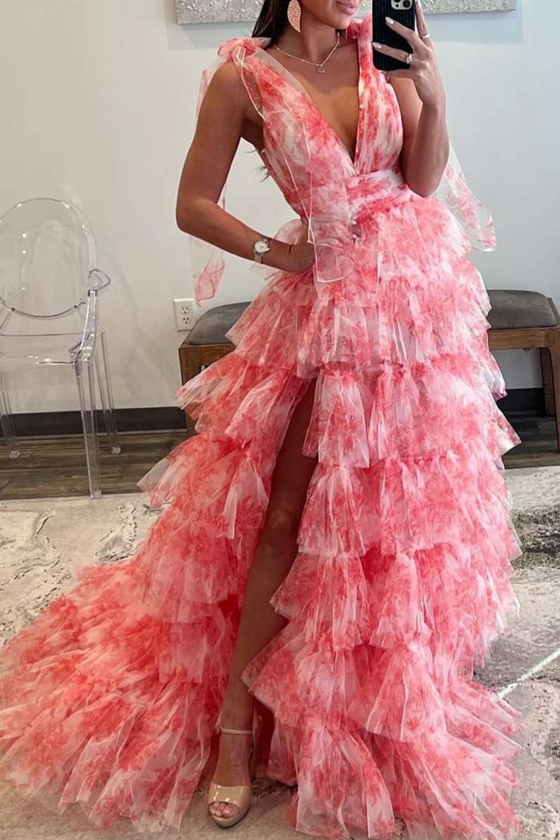 V-Neck Tie Straps Floral Print Layered Long Prom Dresses