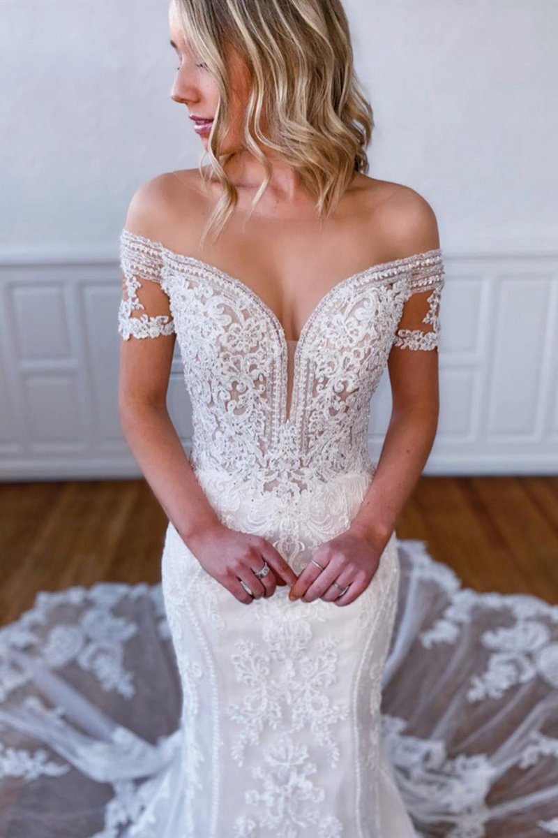 Mermaid Off-the-Shoulder Short Sleeves Long Lace Bridal Dresses