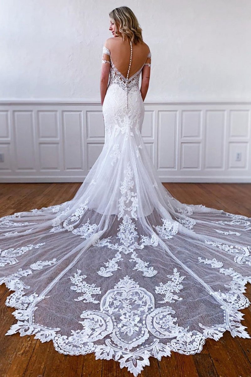 Mermaid Off-the-Shoulder Short Sleeves Long Lace Bridal Dresses