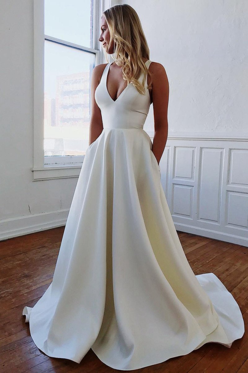 A-line V-Neck Long Wedding Dresses with Bow-Knot