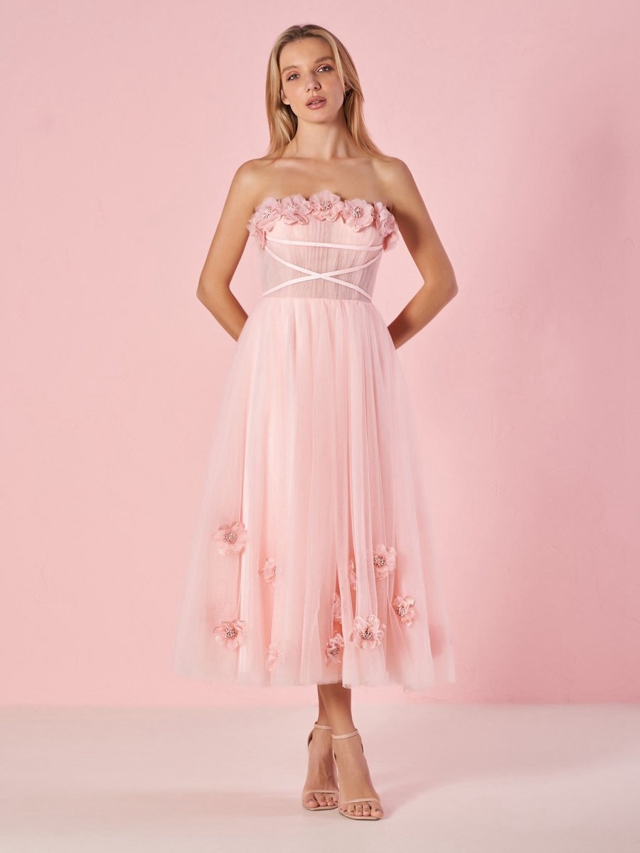 Princess Strapless Prom Dresses with Flowers