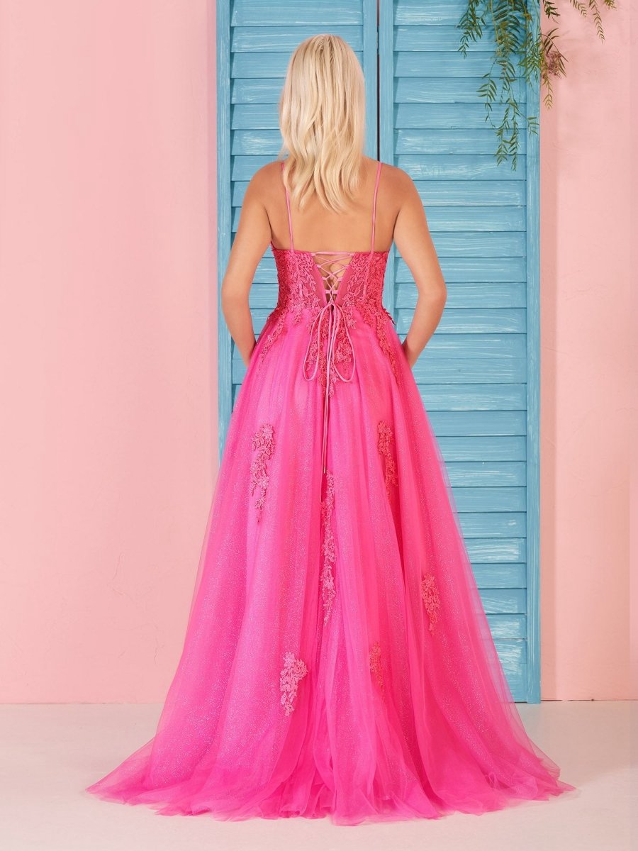 A-line V Neck Lace Long Prom Dresses