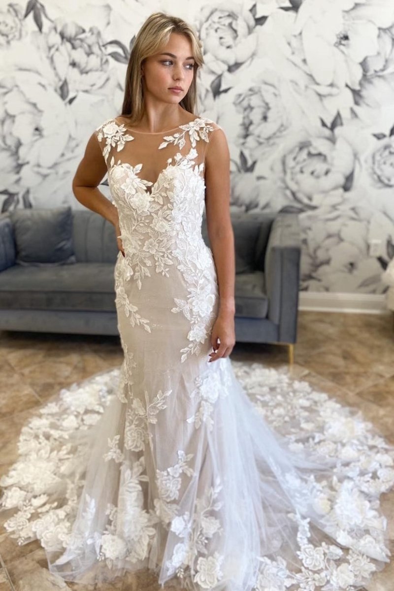 Illusion Neck Appliques Mermaid Long Wedding Dresses