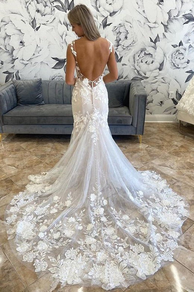 Illusion Neck Appliques Mermaid Long Wedding Dresses
