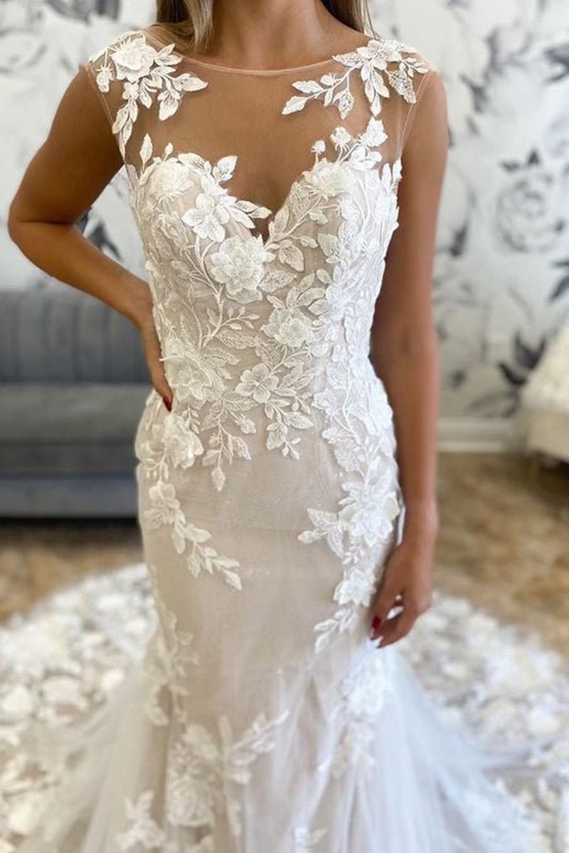 Illusion Neck Appliques Mermaid Long Wedding Dresses