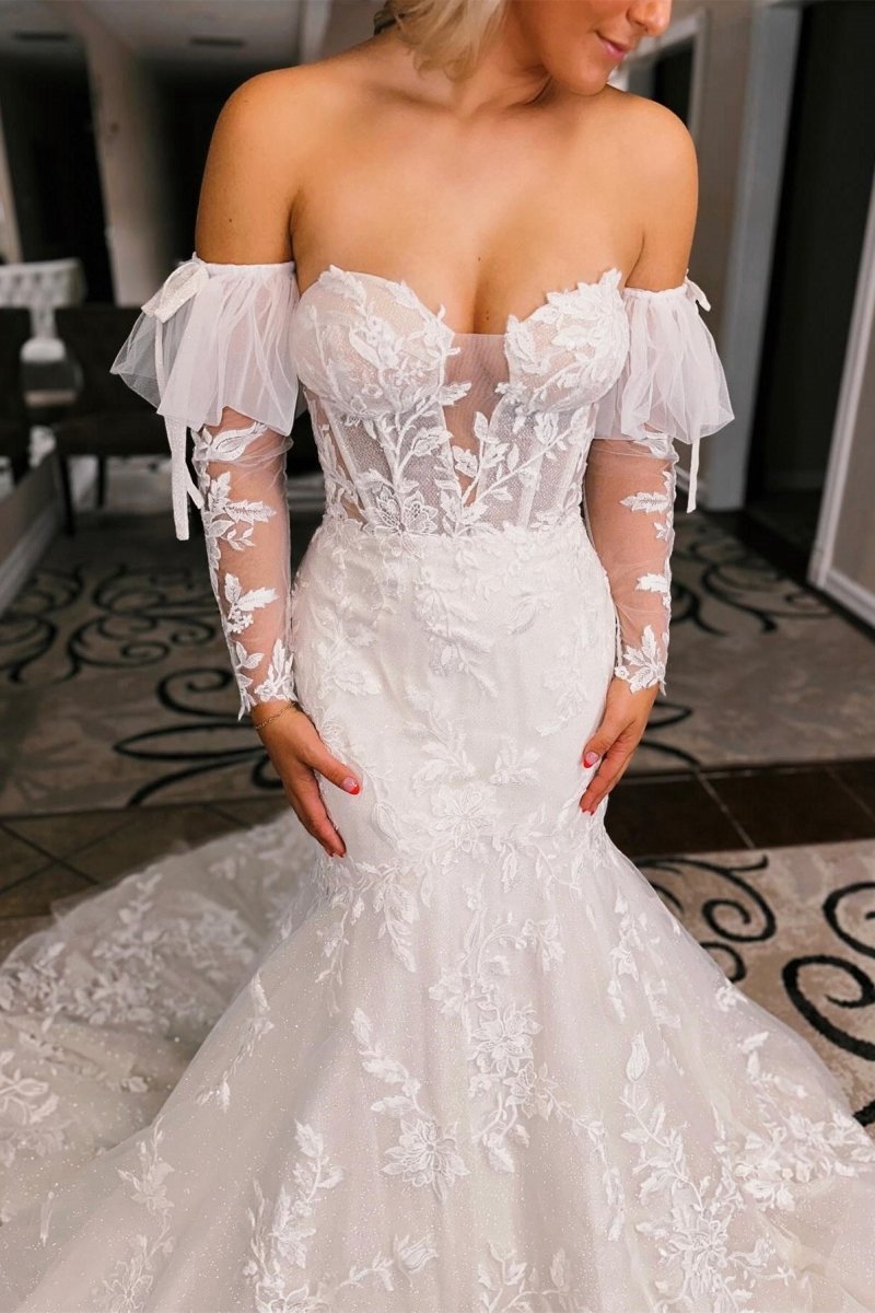 Floral Lace Sweetheart Mermaid Wedding Dresses with Detachable Sleeves
