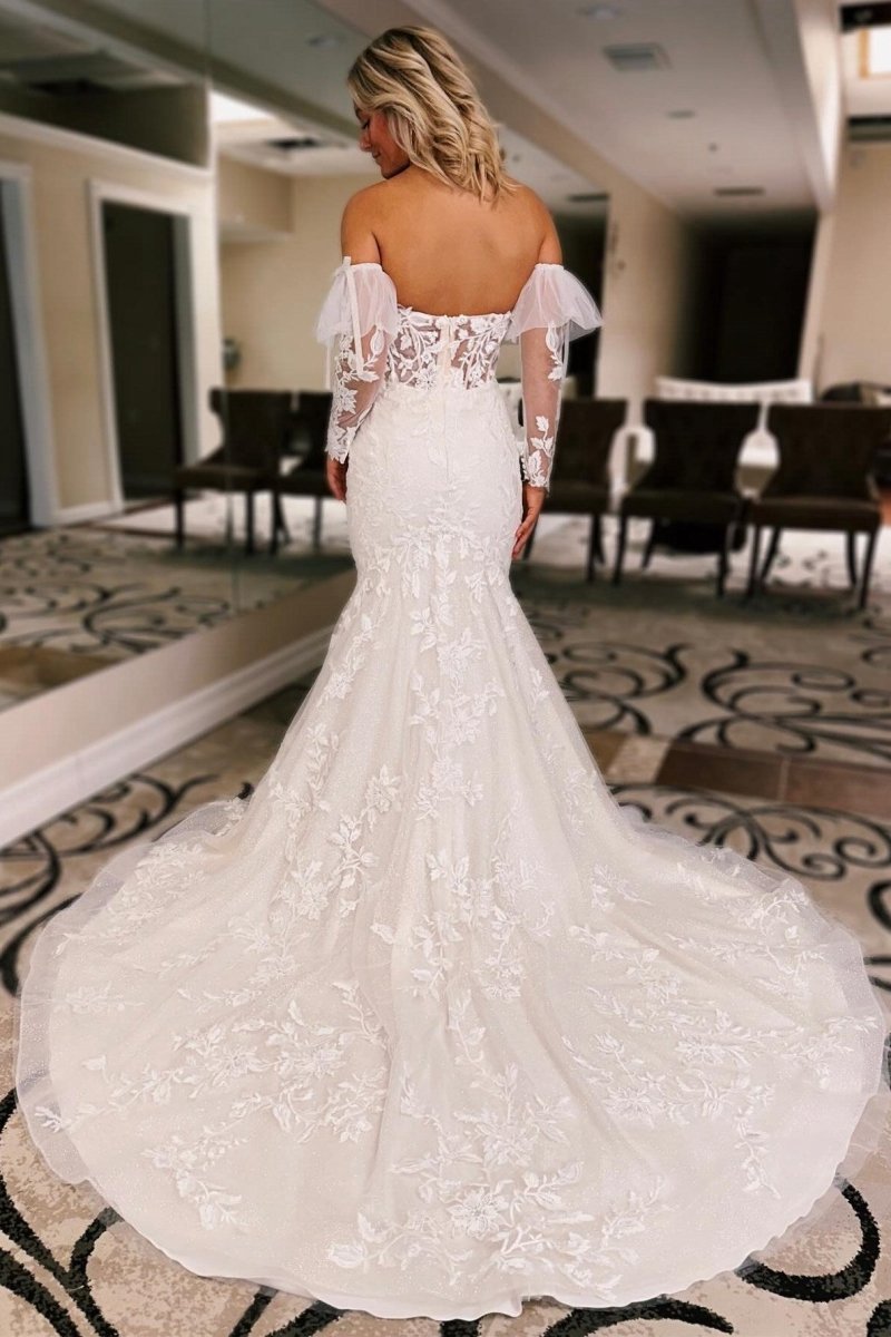 Floral Lace Sweetheart Mermaid Wedding Dresses with Detachable Sleeves