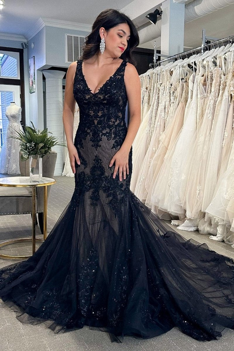 Tulle Appliques V-Neck Trumpet Long Wedding Dresses