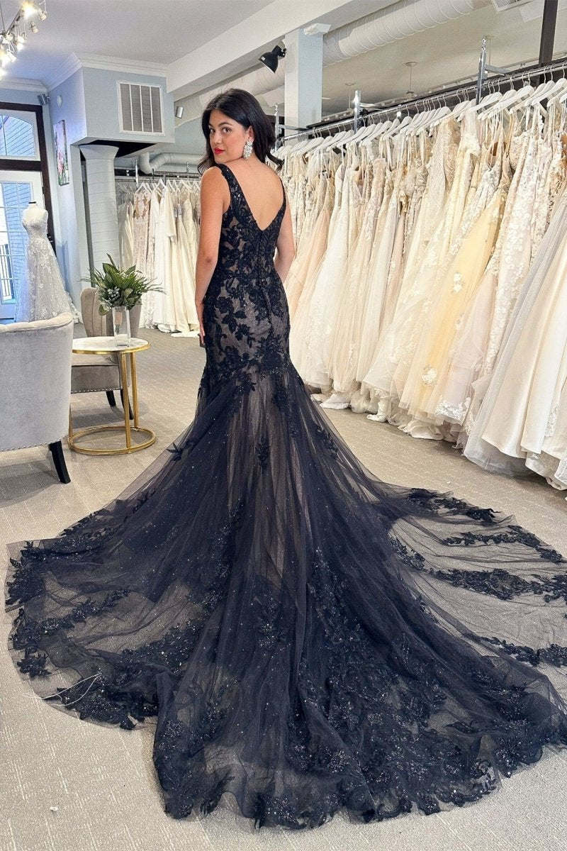Tulle Appliques V-Neck Trumpet Long Wedding Dresses