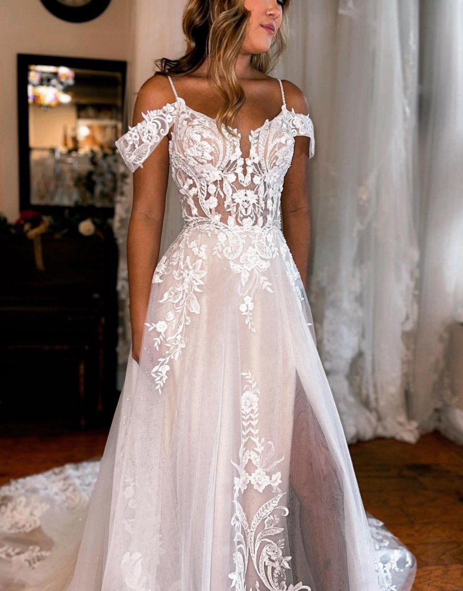 A-line Off the Shoulder Wedding Dresses with Appliques And Slit