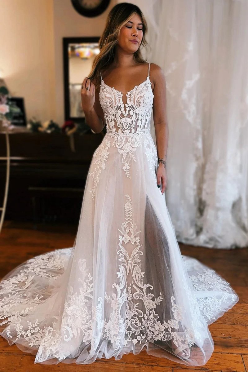 A-line Off the Shoulder Wedding Dresses with Appliques And Slit