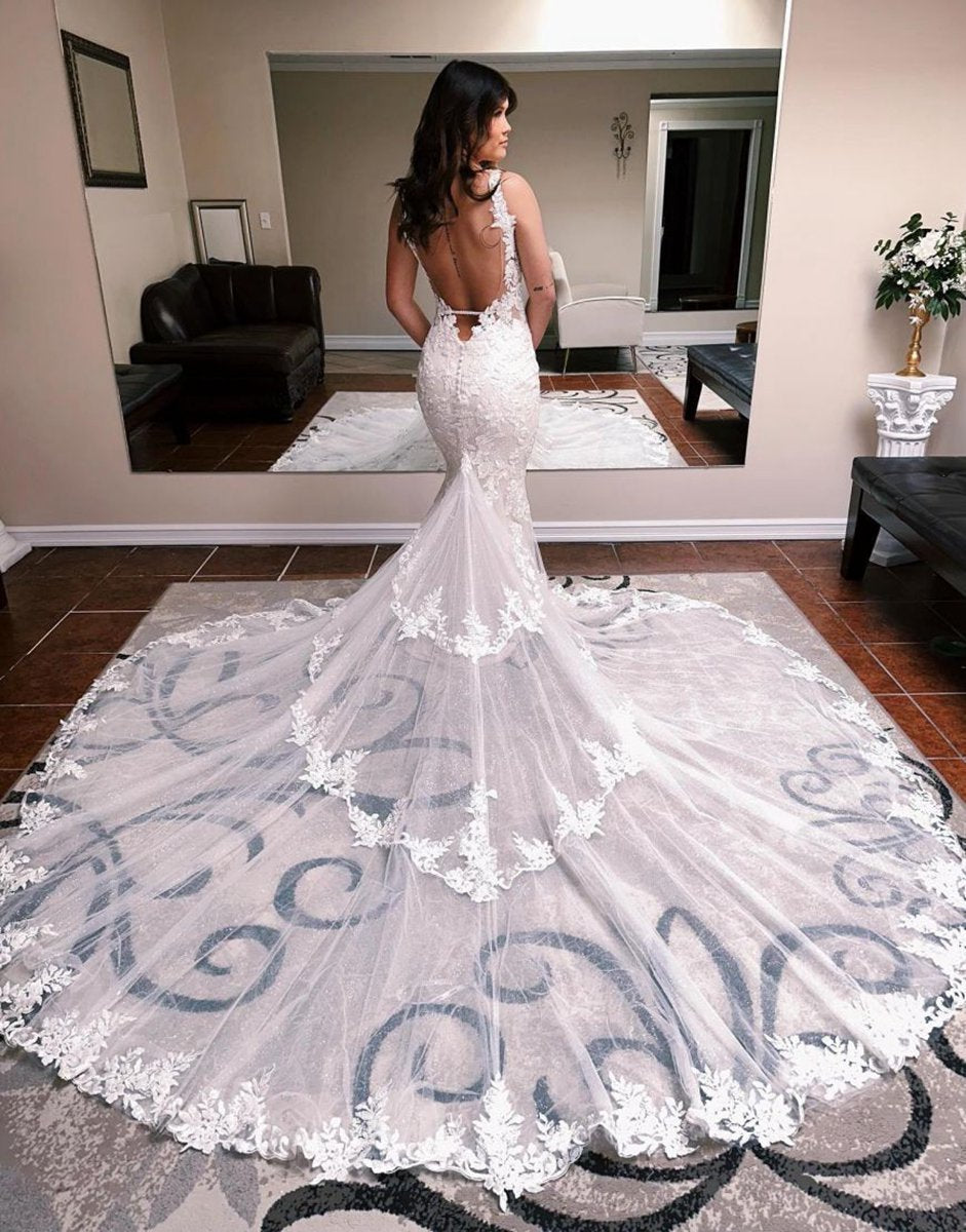 Mermaid Spaghetti Straps Backless Sweep Train Wedding Dresses