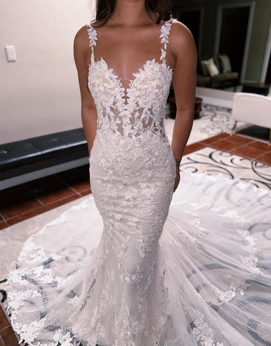 Mermaid Spaghetti Straps Backless Sweep Train Wedding Dresses
