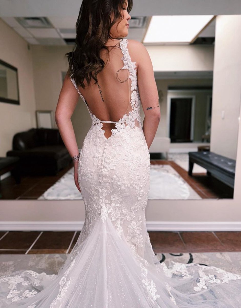 Mermaid Spaghetti Straps Backless Sweep Train Wedding Dresses