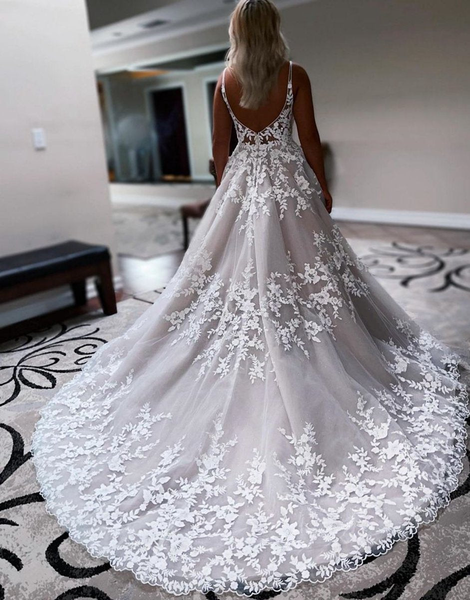 A-line Sweep Train Deep V-Neck Wedding Dresses with Appliques