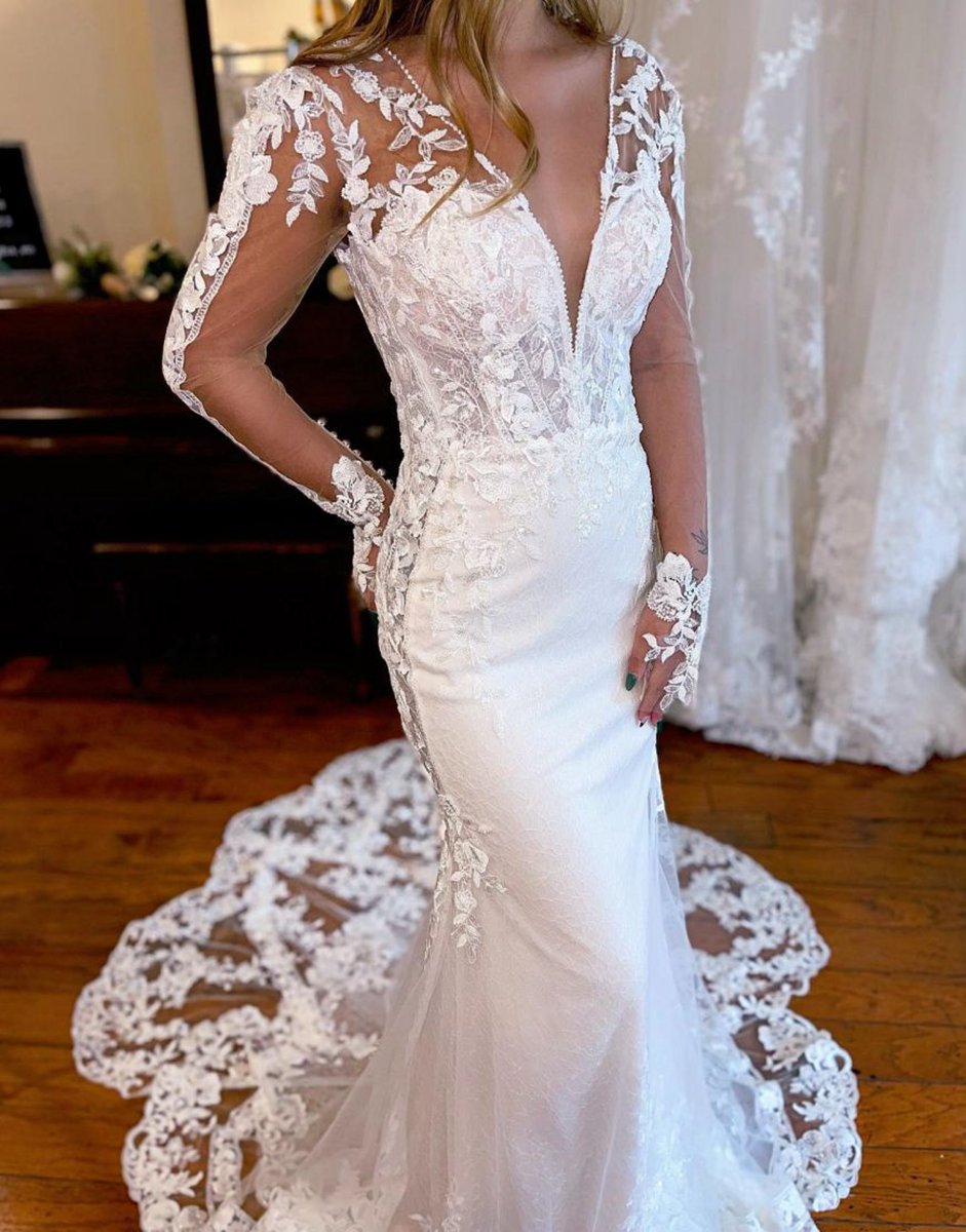 Mermaid V-Neck Long Sleeves Wedding Dresses with Appliques