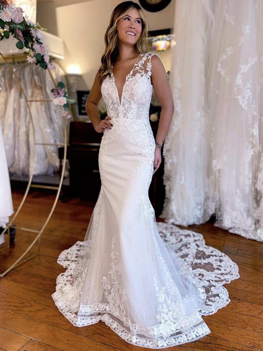 Mermaid V-Neck Long Sleeves Wedding Dresses with Appliques