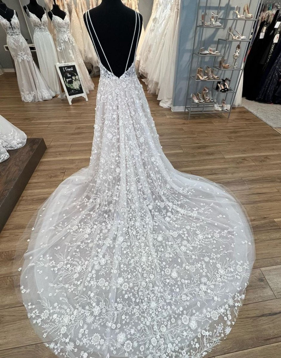 Gorgeous A-line V-Neck Open Back Chapel Train Wedding Dresses