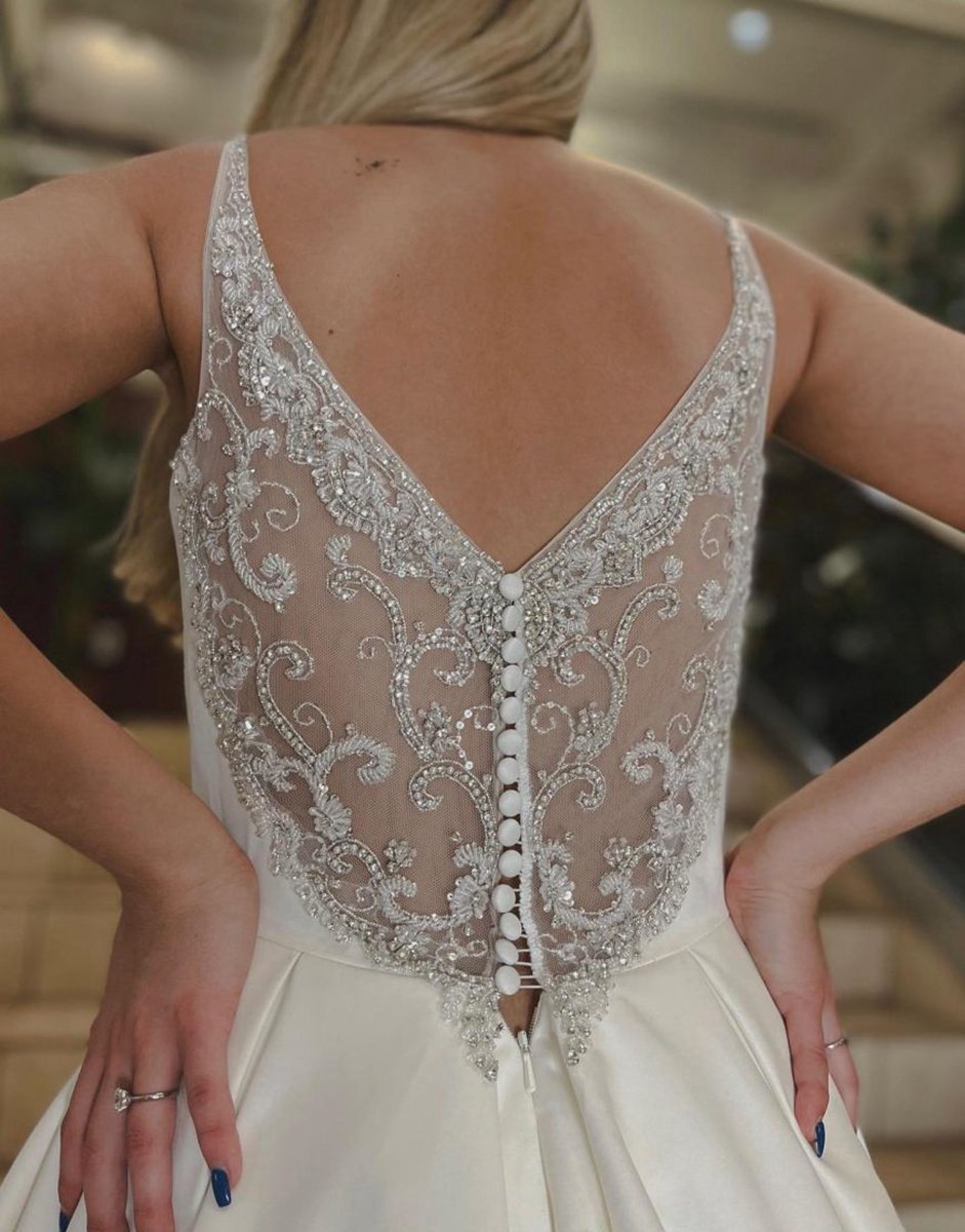 Noble A-line V-Neck Chapel Train Satin Wedding Dresses with Beading
