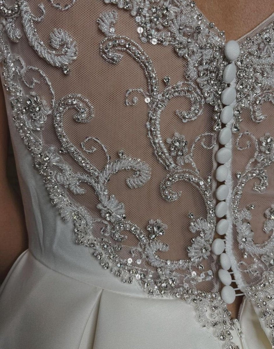 Noble A-line V-Neck Chapel Train Satin Wedding Dresses with Beading