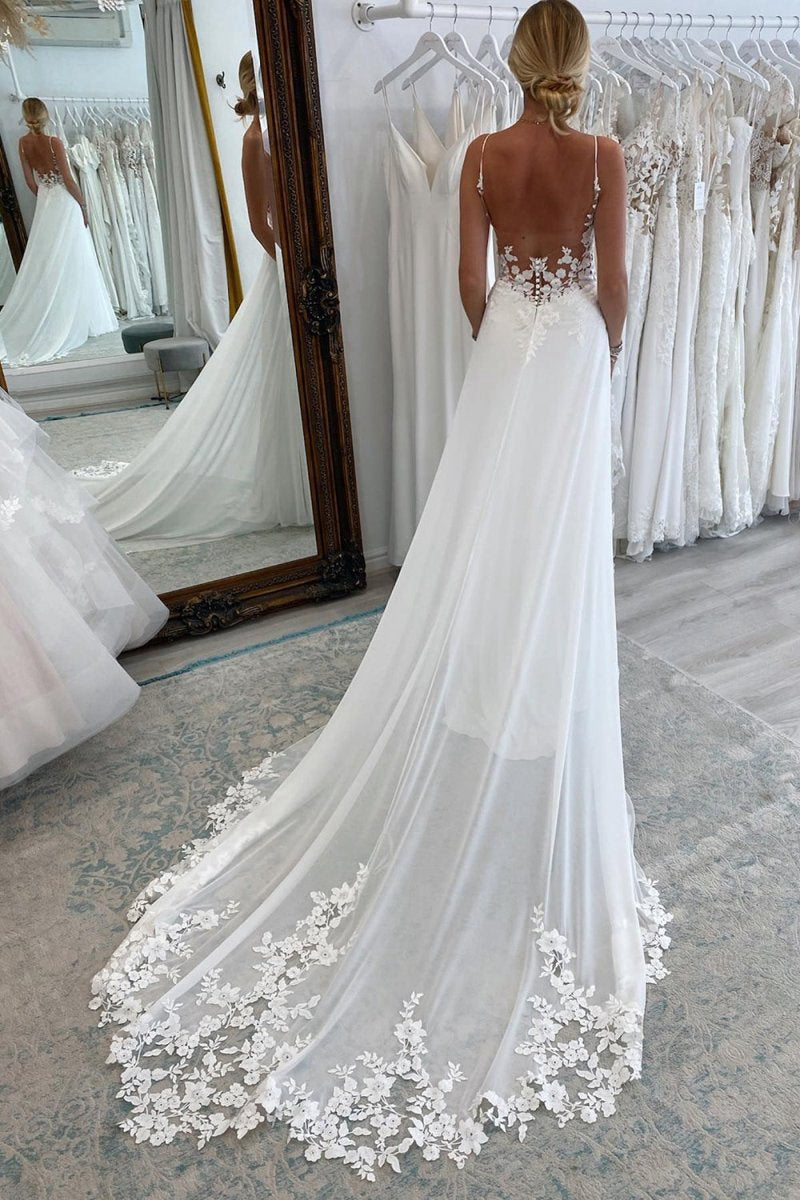 Long Chiffon Boho A-line Wedding Dresses with Lace