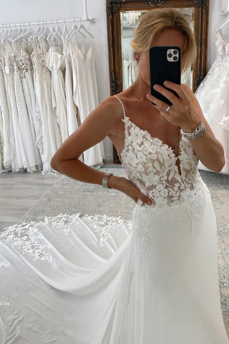 Long Chiffon Boho A-line Wedding Dresses with Lace
