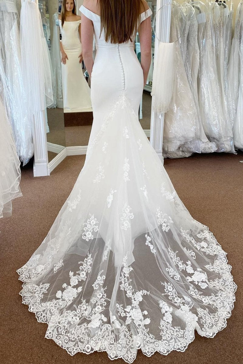 Off the Shoulder Long Mermaid Wedding Dresses with Lace Appliques