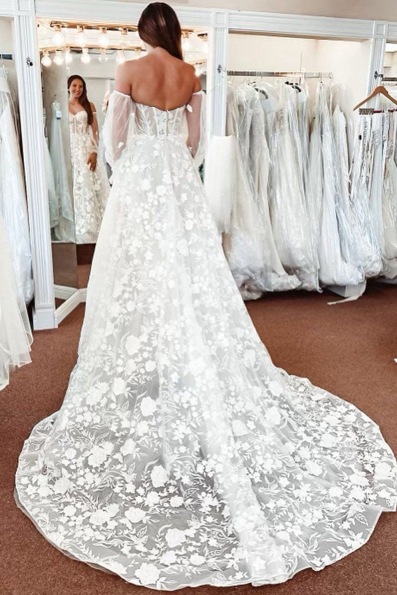 Lace A-line Detachable Long Sleeves Corset Long Wedding Dresses