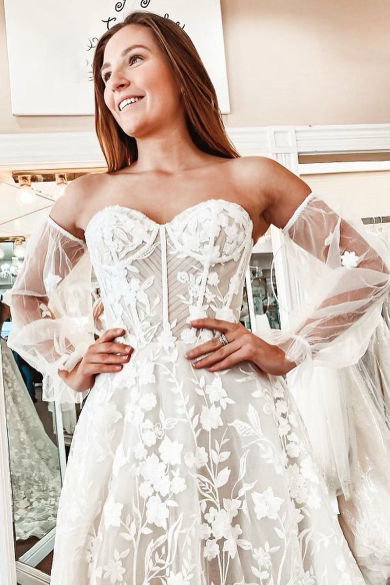 Lace A-line Detachable Long Sleeves Corset Long Wedding Dresses