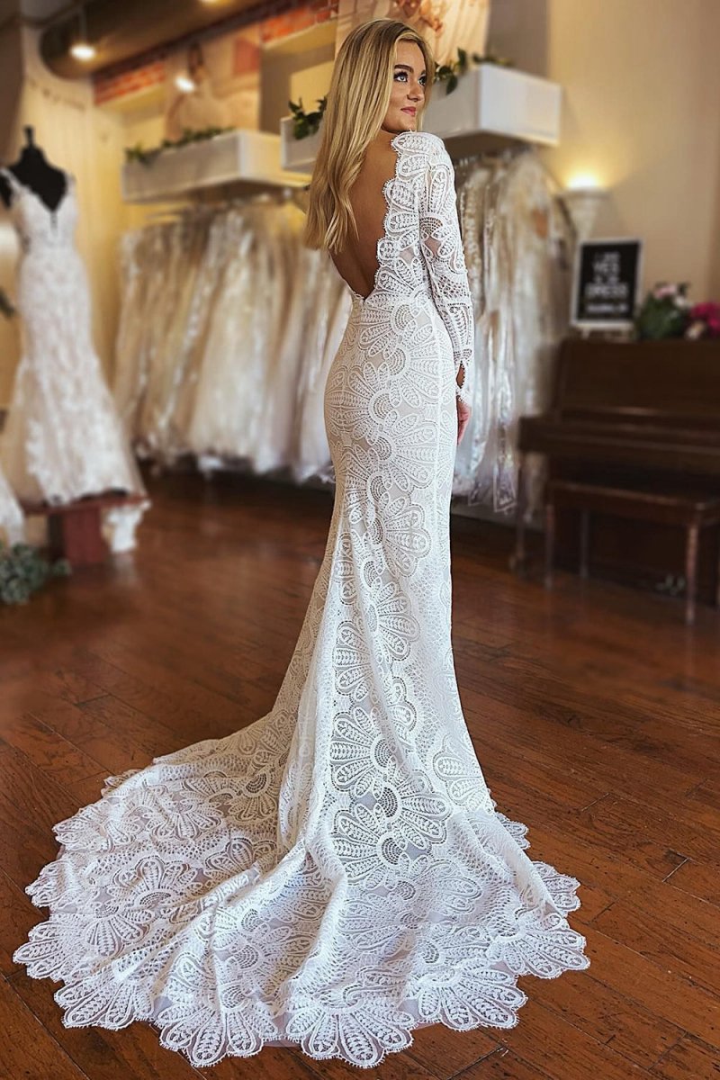 Mermaid Boho Long Lace Wedding Dresses with Sleeves