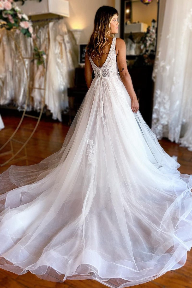 A-line Deep V-Neck Backless Long Wedding Dresses with Lace