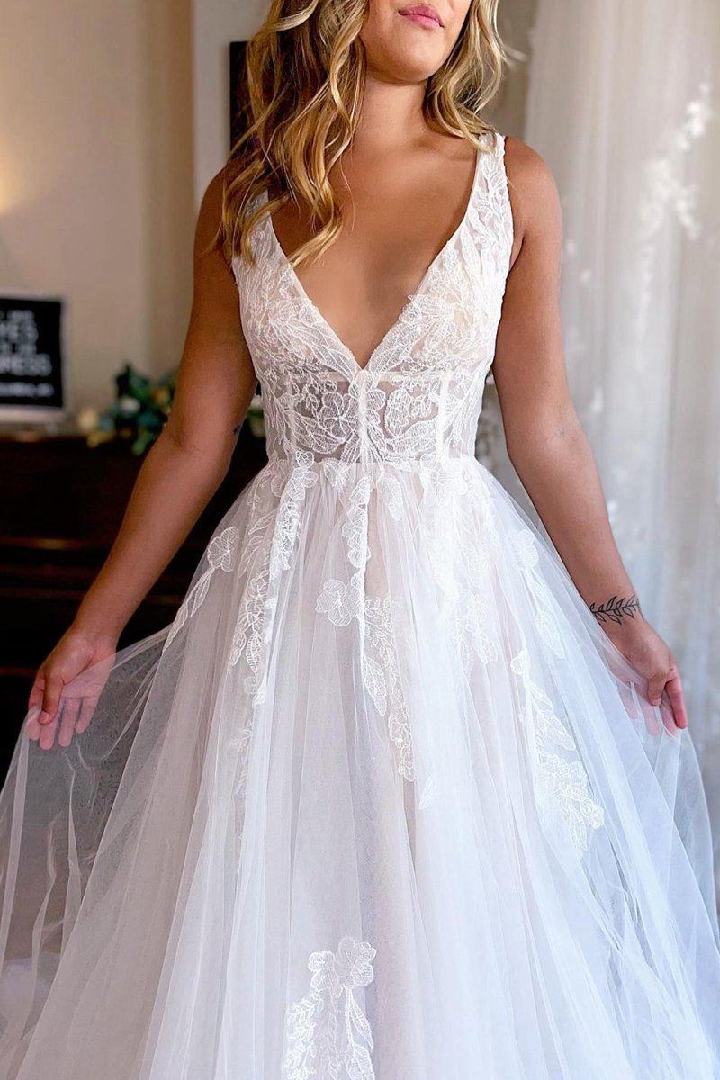 A-line Deep V-Neck Backless Long Wedding Dresses with Lace