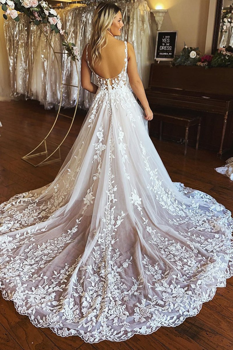 A-line V-Neck Backless Long Lace Wedding Dresses