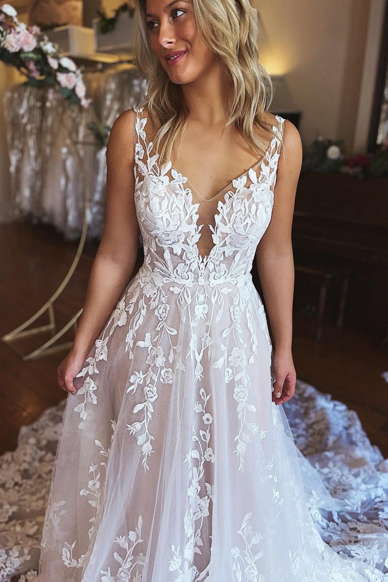 A-line V-Neck Backless Long Lace Wedding Dresses